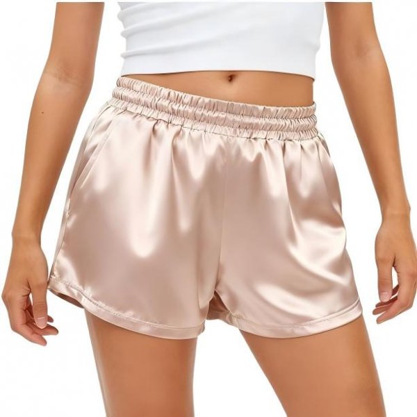Women's Champagne Satin Elastic Waist Shorts